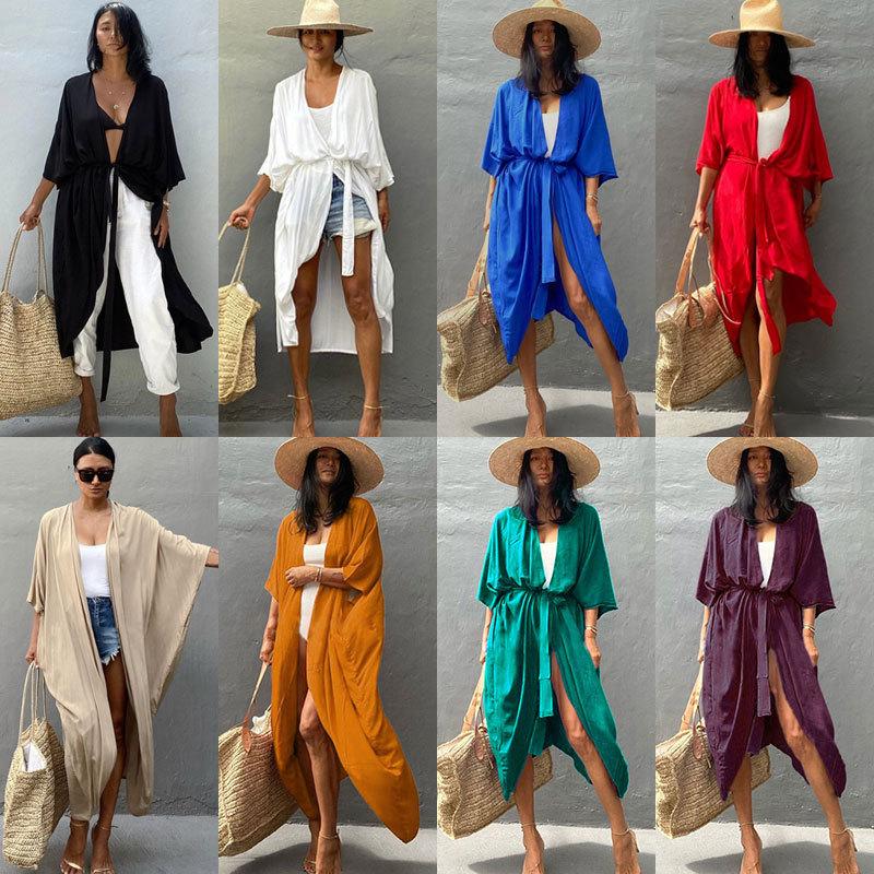 Women's Beach Cover Up Kimono, Summer Swimsuit Cape, Solid Bohemian Tunic Dresses, Bathing Suits, Cardigan, Shawl