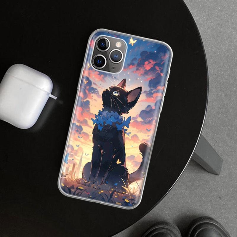 Аниме Милый Черный Кот Мяу Чехол для Телефона для iPhone 11 12 13 Mini 14 15 Plus 16 Pro Max 17 Air 7 8 + SE Арт Индивидуальный Fundas