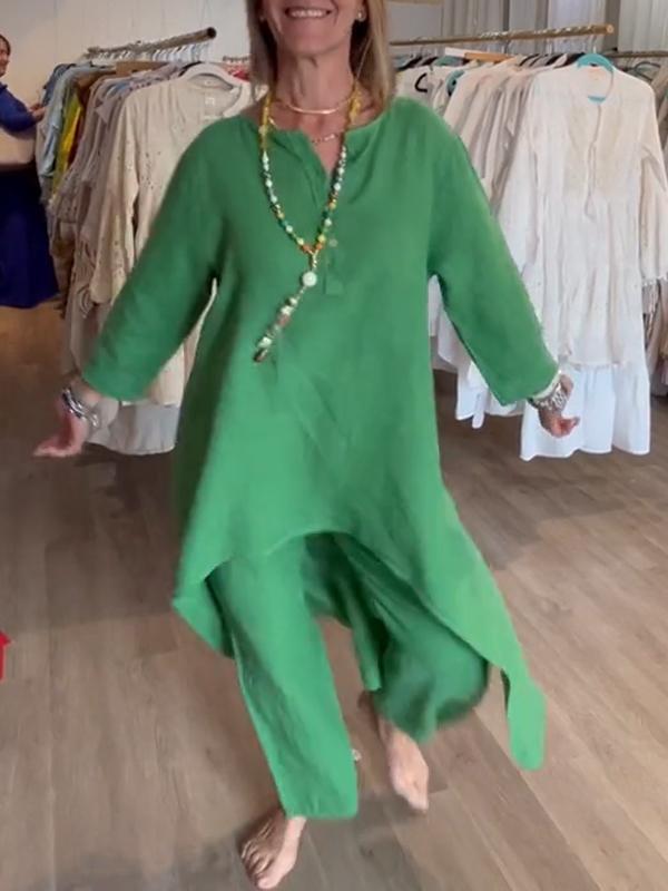 Женский однотонный повседневный летний комплект из хлопка и льна с длинными рукавами