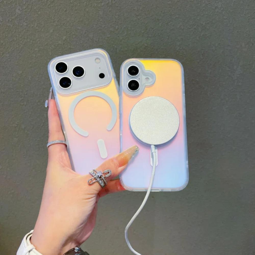 НОВЫЙ Для IPhone 17 16 15 14 13 12 Pro Max Лазерный Меняющий Цвет Матовый Чехол для Телефона Магнитная Крышка Чехлы Градиентных Цветов Закат Небо
