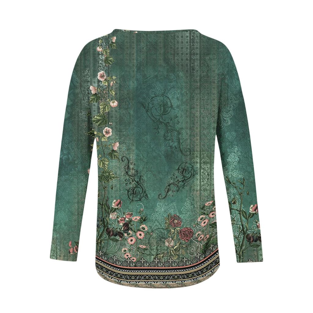 Women's Casual Fashion Loose Round Neck Retro Print Long Sleeve Top