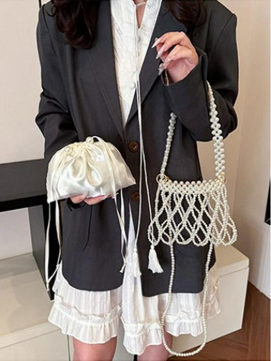 French Pearl Handbag: Elegant Women's Beaded Evening Bag, Large Capacity, Handmade Woven Shoulder Bag.