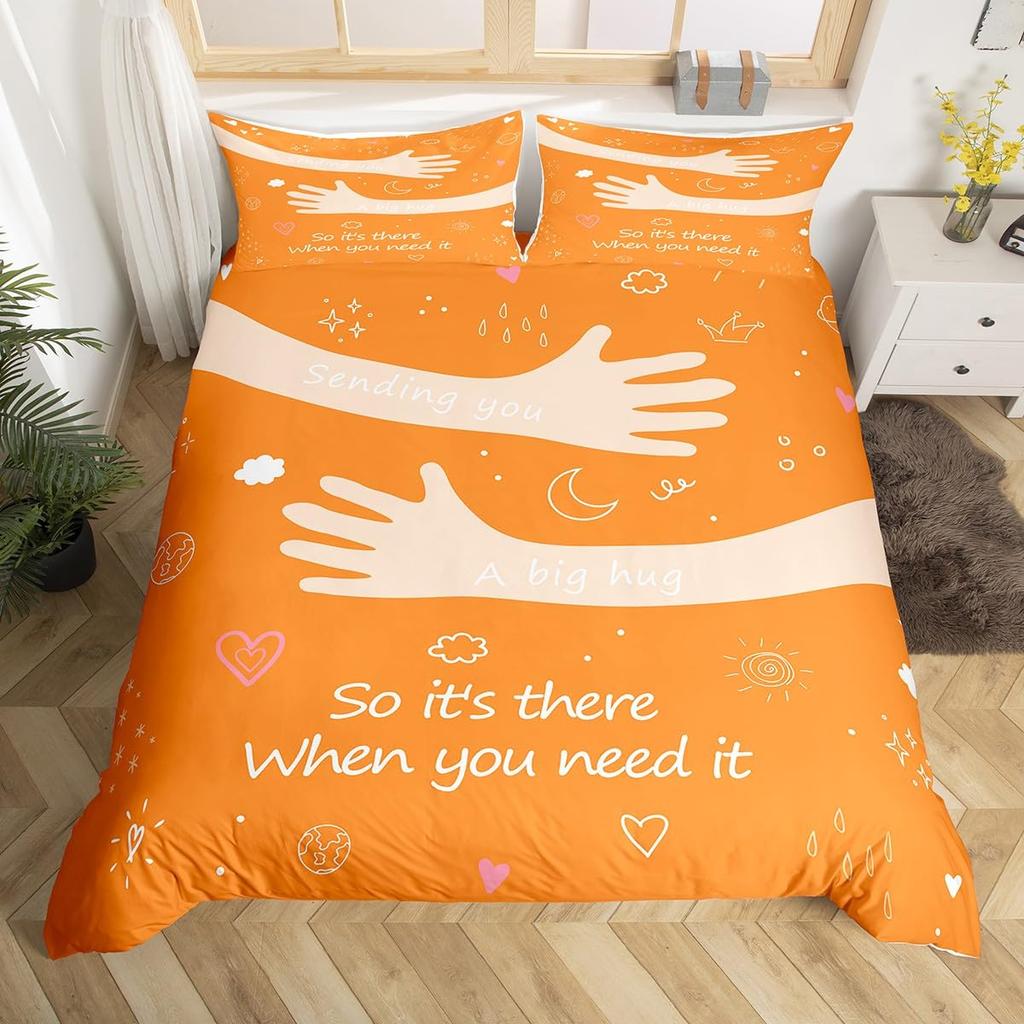 Cute Love Hug Duvet Cover Set Single King for Kids Adults Cute Sun Moon Cloud Bedding Set Lovely Heart Pattern Beige Quilt Cover