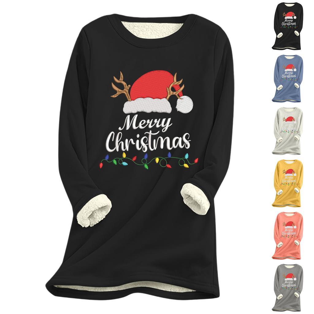 Women's Christmas Print Thick Plush Lambswool Warm Long Top