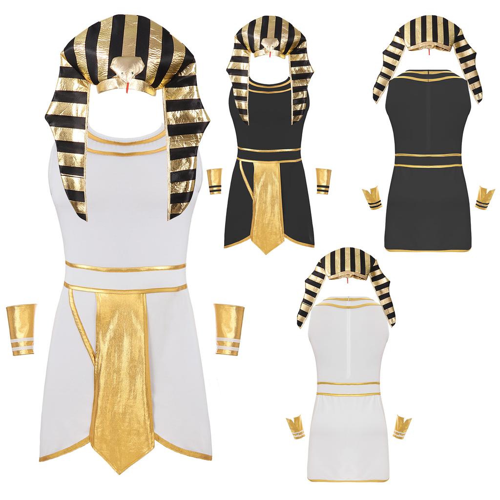 Мужской комплект костюма египетского фараона без рукавов, платье контрастного цвета с манжетами и шляпой в виде змеиной головы для Хэллоуина, косплей, наряд для выступлений