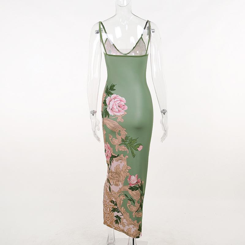 Women's Sexy Floral Print Spaghetti Strap Maxi Dress V Neck Backless Slim Fit Bodycon Long Dress for Summer Vacation Beach Party Date Night Wear
