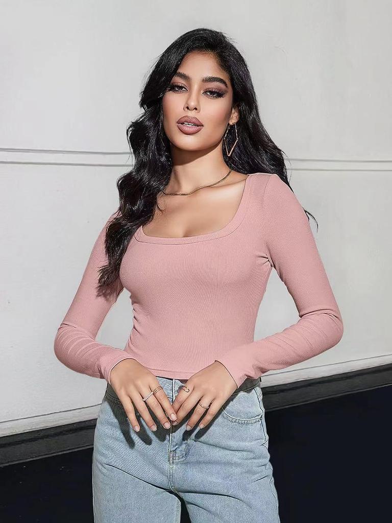 Spring women's tops slim fit short long sleeve square neck T-shirt for hot girls casual and versatile