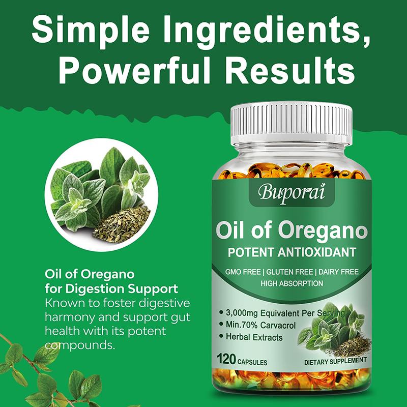 Buporai Oregano Oil Extract Capsules, 3000 mg per serving, provide immune support, enhance the immune system, and promote gut health.