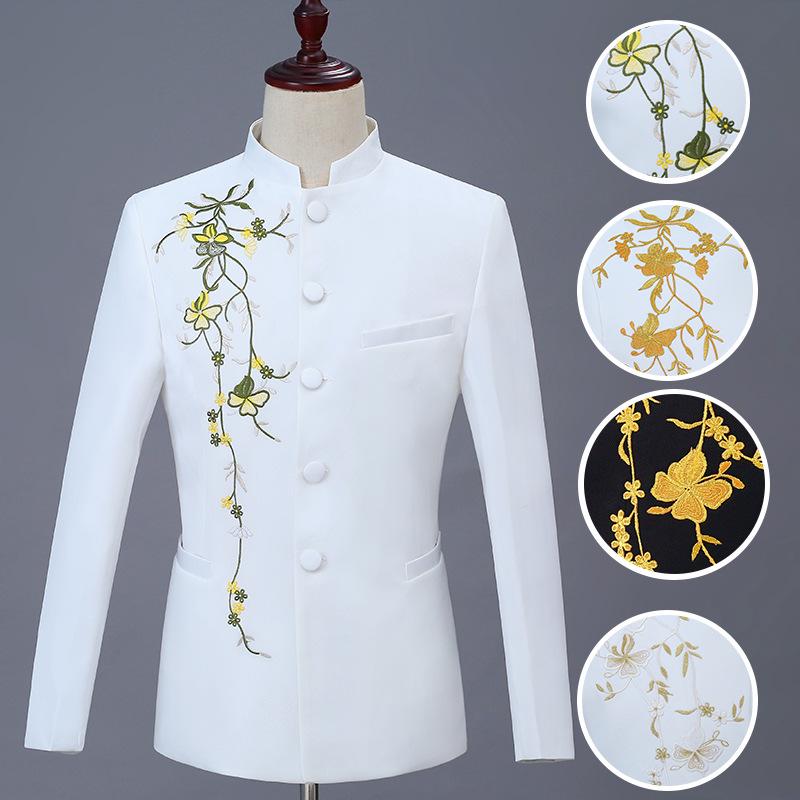 New Men's Gold Embroidered Zhongshan Suit - Stand Collar Performance & Wedding Outfit
