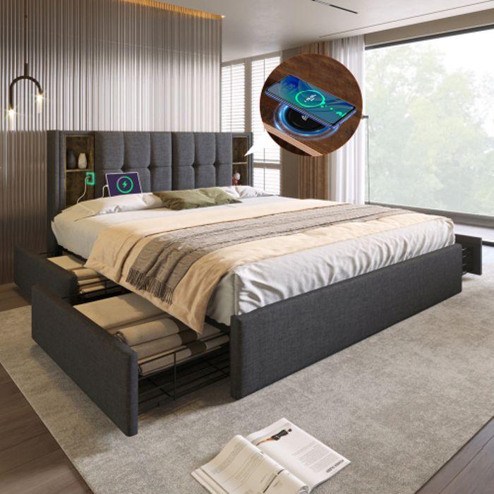 Lit rembourré - MUVOE - 160x200cm - Chargeur sans fil - 4 tiroirs - Gris lin