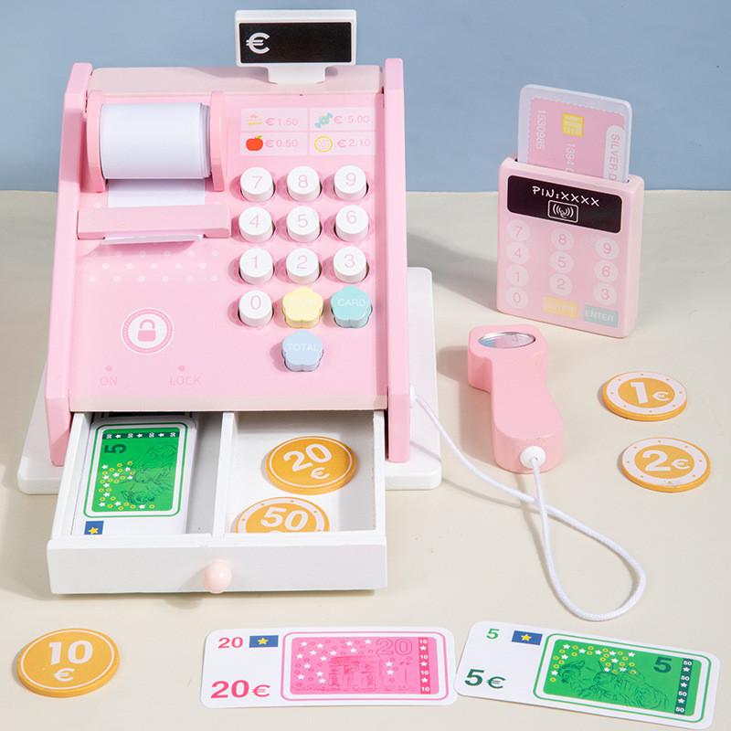 Деревянная игрушечная касса для супермаркета для детей с реалистичным сканером и ящиком