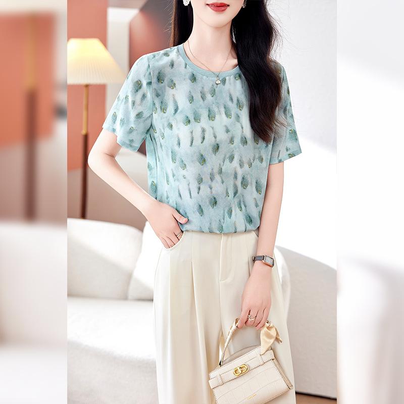 Женская футболка с коротким рукавом из шелка, новая универсальная свободная повседневная полосатая, омолаживающая, топ из шелка-тутового шелкопряда