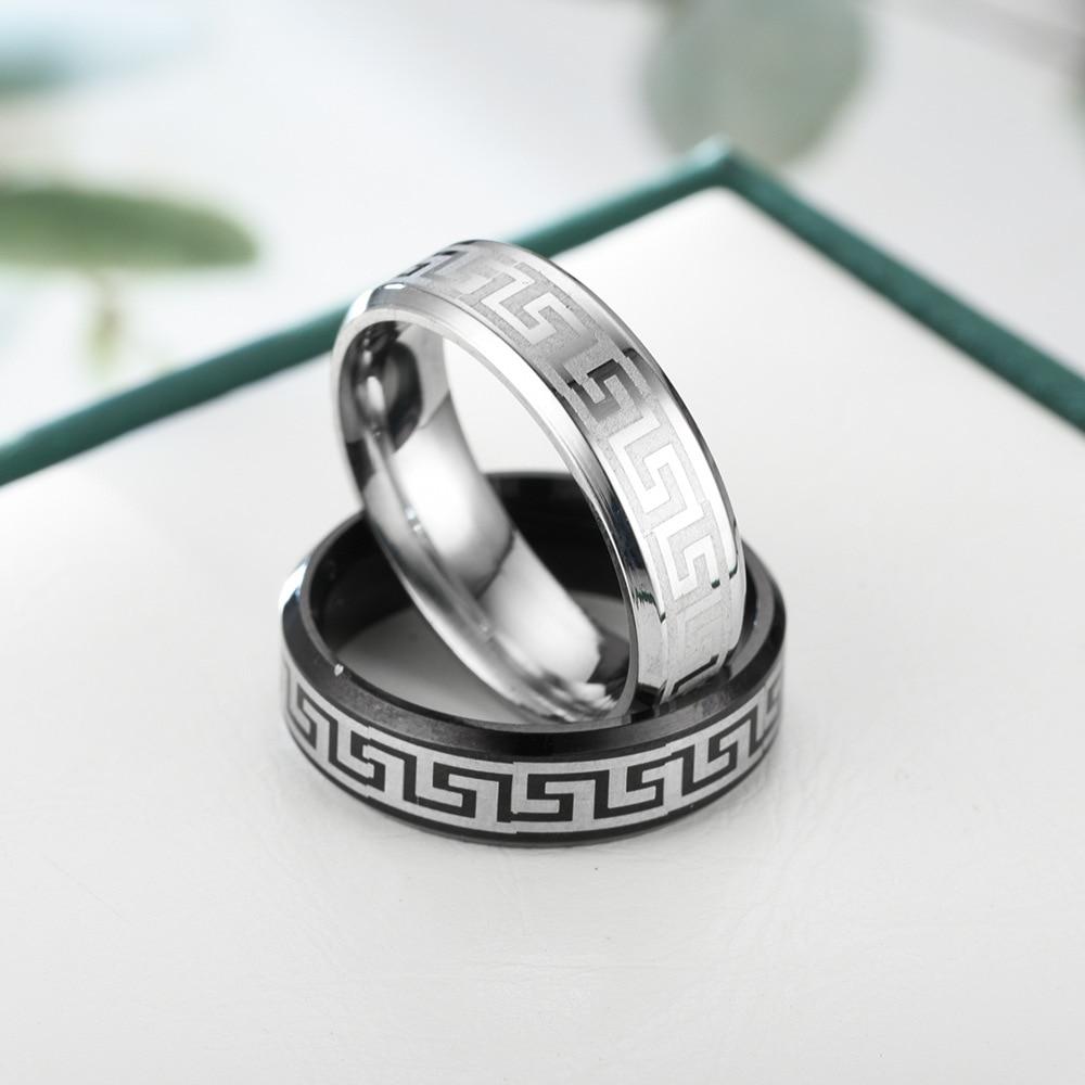 6mm Vintage Laser Great Wall Pattern Stainless Steel Rings for Men Womem Titanium Steel Couple Ring Wedding Jewelry Party Gift