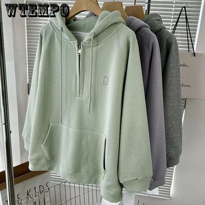 Плюшевый пуловер с капюшоном на половину молнии, женский осенне-зимний утолщенный флис с длинными рукавами, свободное пальто с карманами, топ