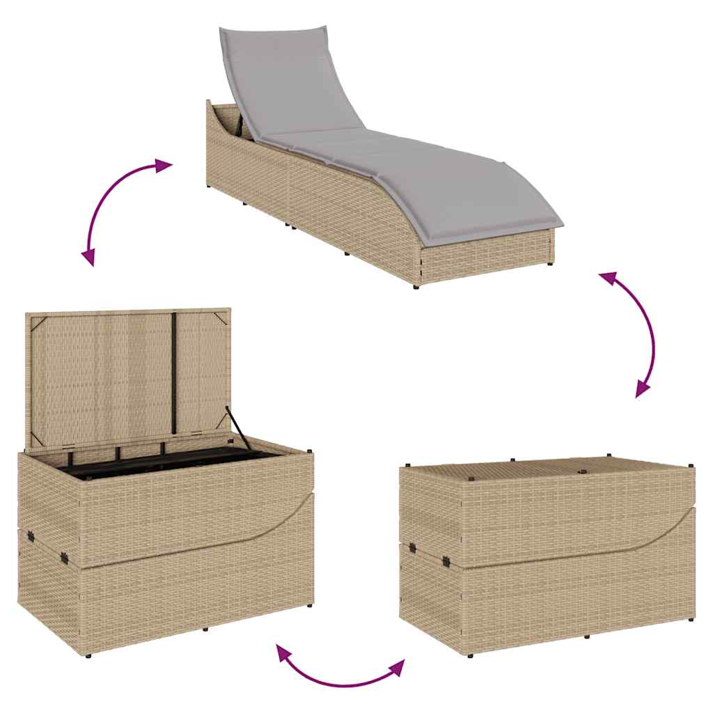 Folding Sun Lounger with Cushion and Storage Space Beige Poly Rattan