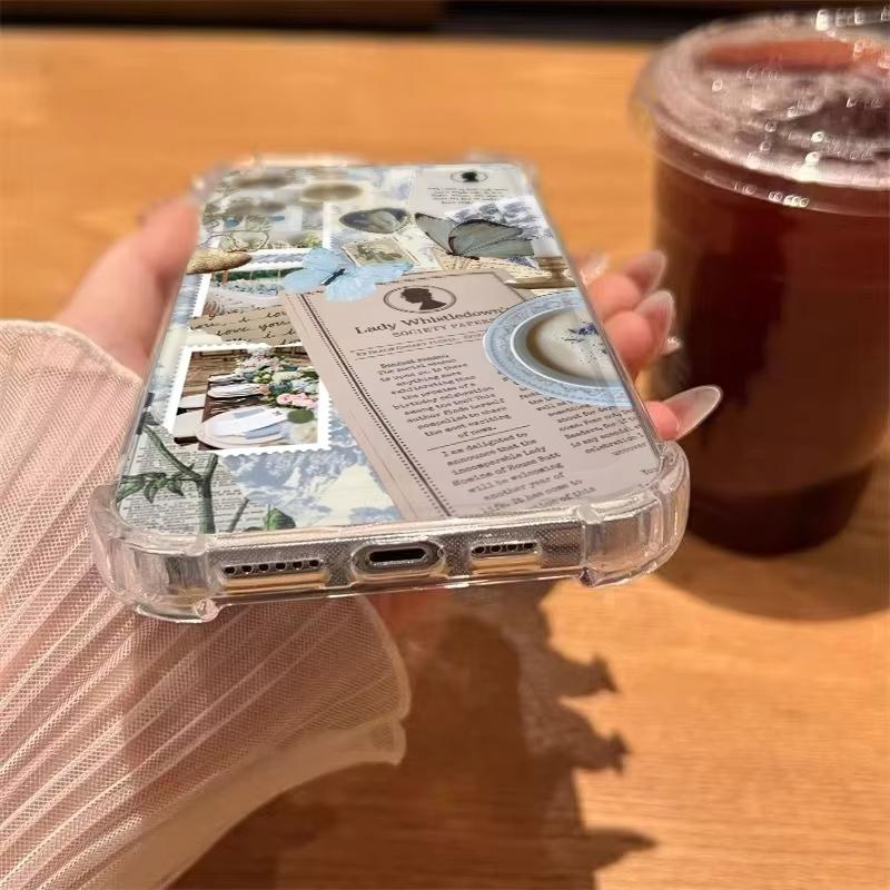 Newspaper Butterfly Pattern Transparent Phone Case For iPhone 11 17 13 12 14 15 16 Pro Max XS XR 15 Plus 16E 17E Soft TPU Cover