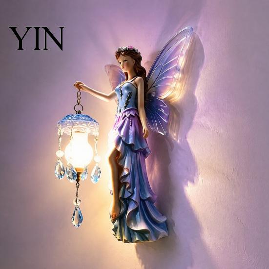 Wall Mounted Fairy Lamp Night Light, Resin Elf Sculpture Lantern for Bedroom, 3D Faux Crystal Pendant Hanging Art Decor with Pendant, Romantic