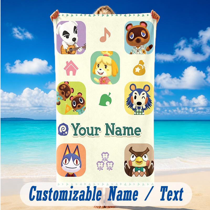 Beach Towel Custom Name Text, Quick Dry Large Towel For Beach HomeAnimal Crossing