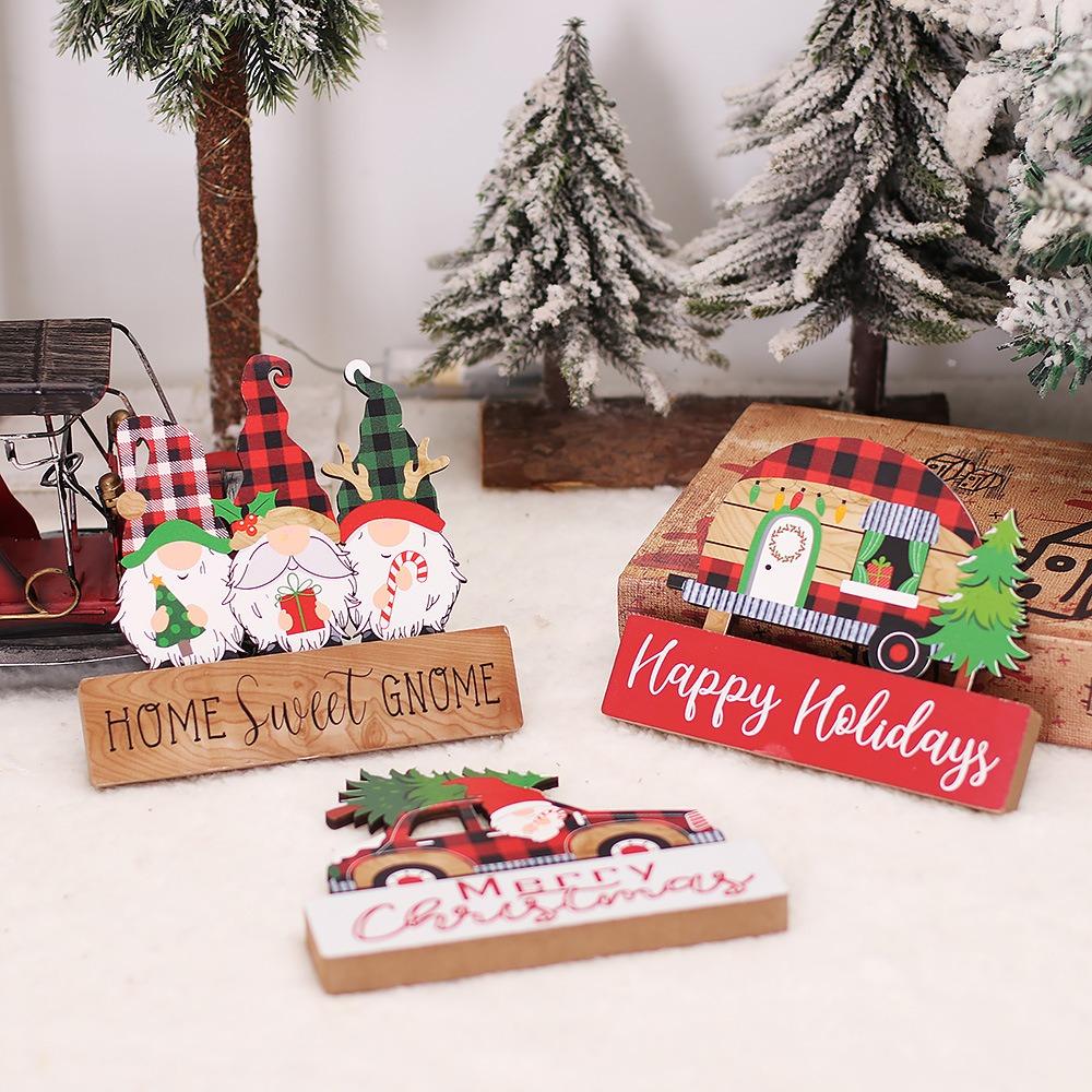 2Pcs DIY Christmas Desktop Ornaments Cartoon Table Centerpiece Santa Wood Plaque Signs New Years