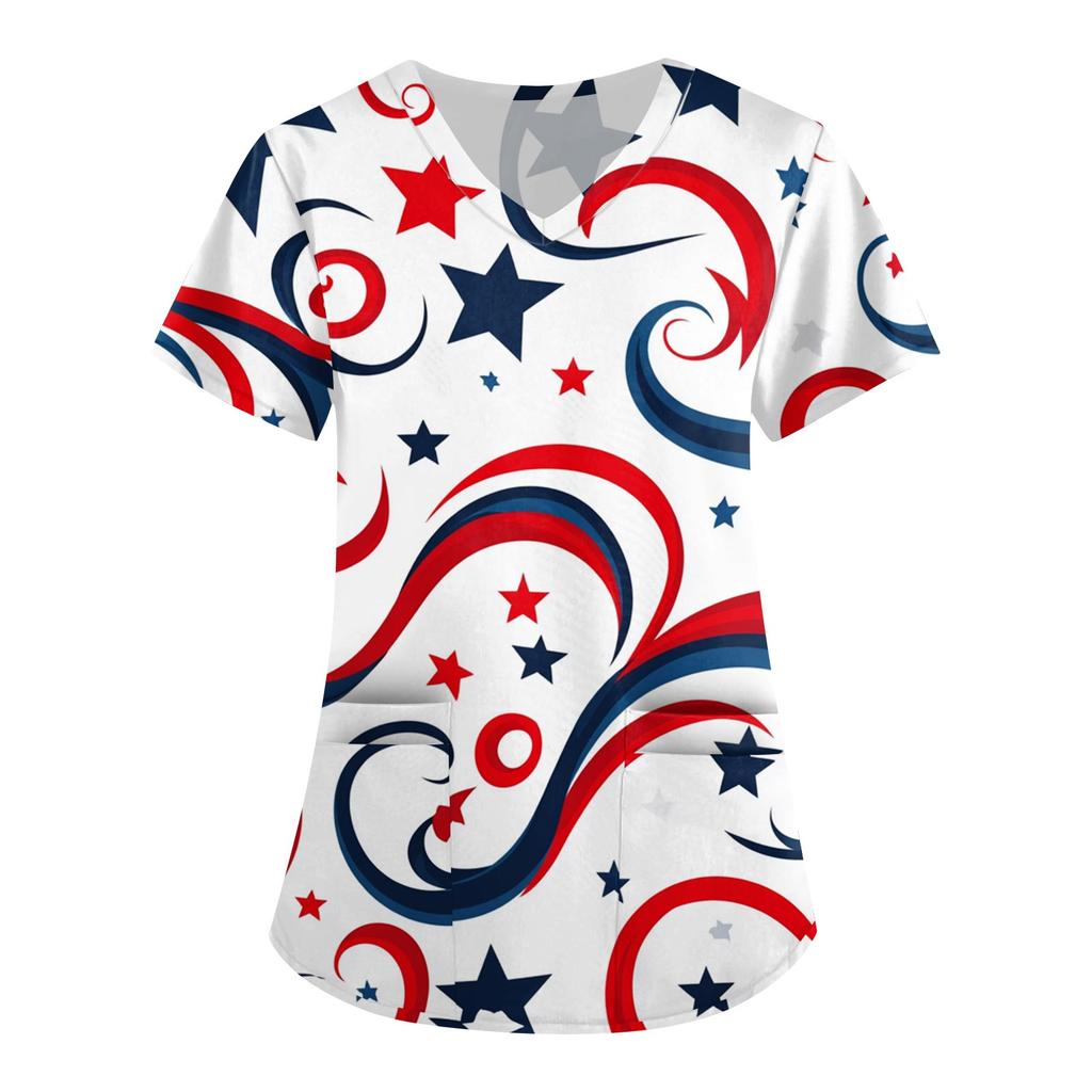 Women's Fashion V-neck Short-sleeved Work Dress With Pockets Independence Day Printed Top Carer Suit