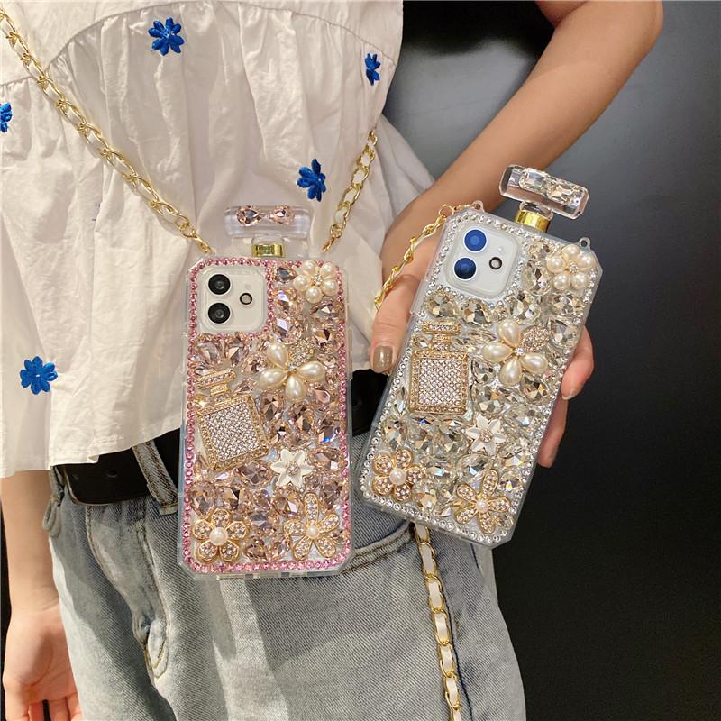 Bling 3D флакон духов с бриллиантами и стразами, блестящий чехол-капа для iphone 14 13 12 11 Pro XR Xs Max 7 8 Plus/Samsung S23 S22 Ultra S21 S20 Plus
