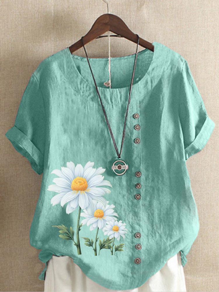 Women's Summer Round Neck Short Sleeve T-shirt Casual Cotton Linen Graphic Shirt Leisure Fashion Loose Daisy Prined Blouse Tops Plus Size