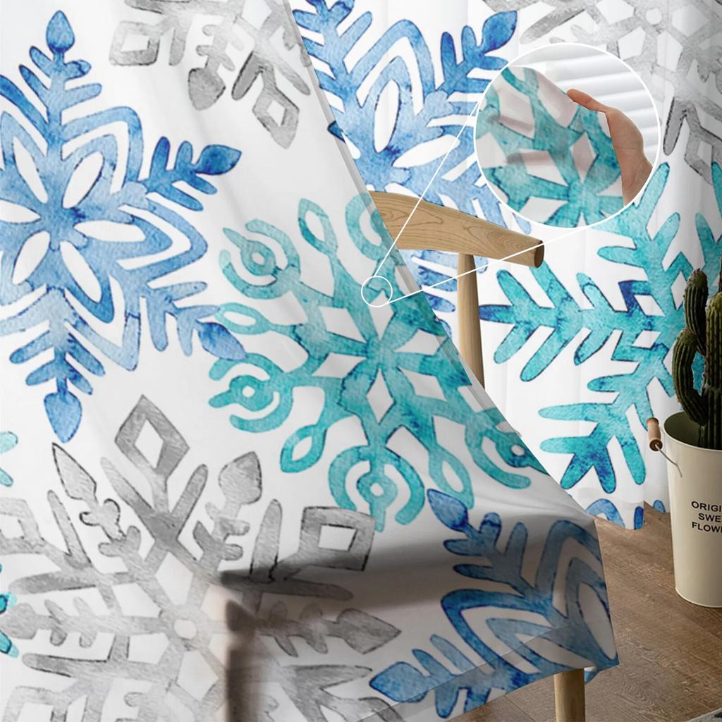 Christmas Blue Green Snowflakes Bedroom Transparent Sheer Curtains Holiday Decoration Window Voile Tulle Curtain