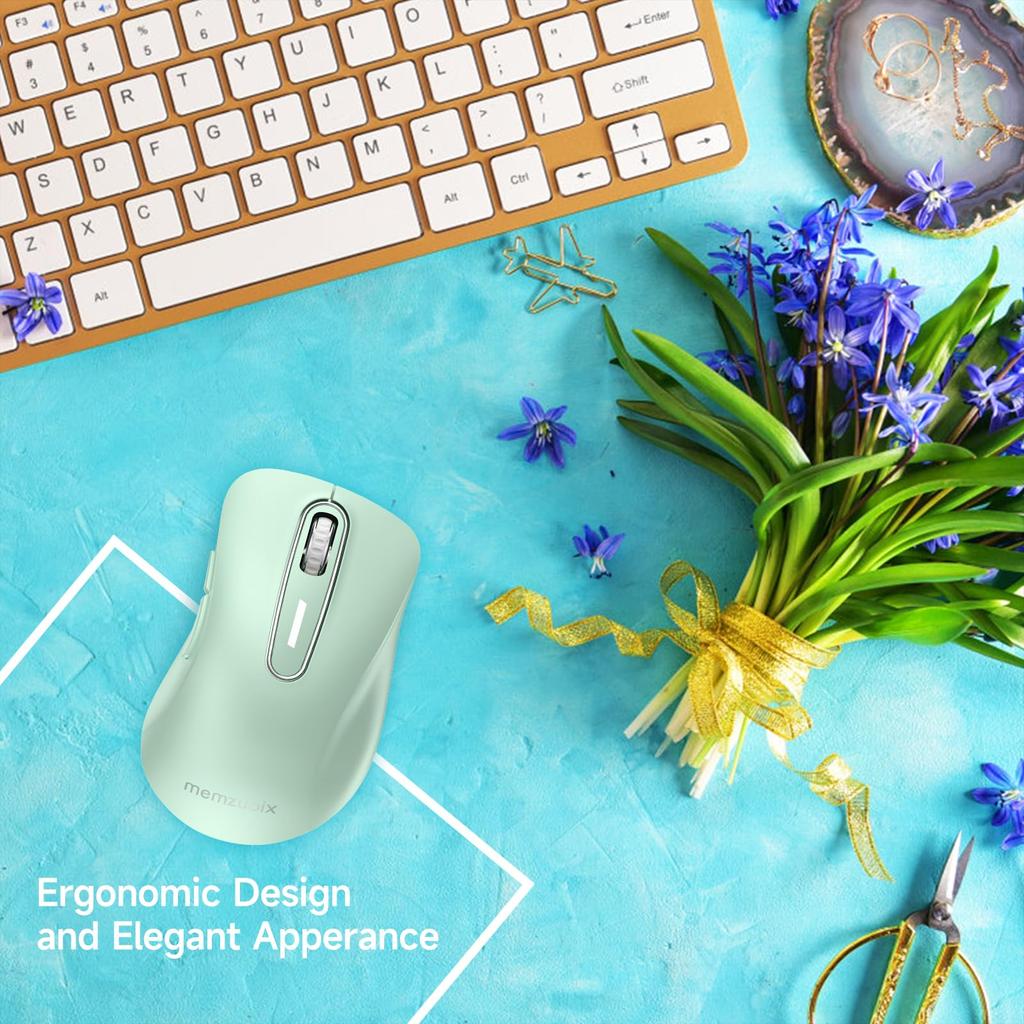 memzuoix Ergonomic Wireless 1400 5 Battery USB Receiver Compatible with Light Green Mouse, 2.4G Optical, DPI, Buttons, Operated, Included, Cordless,