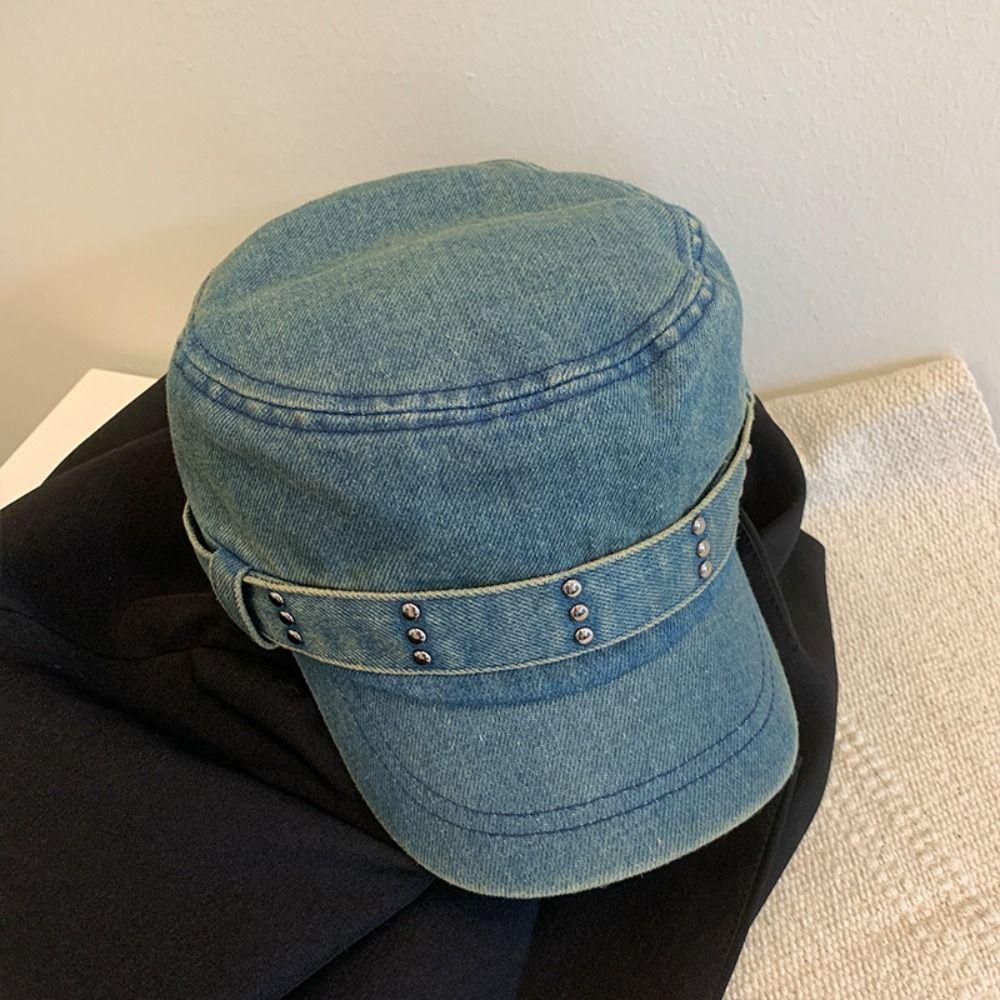 Y2k Flat Top Hat Rivet Cadet Cap Casual Peaked Cap Unisex