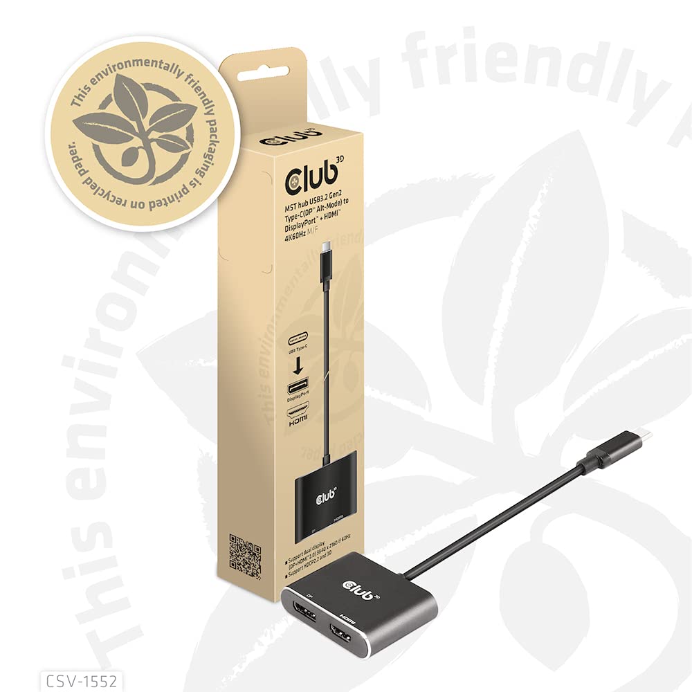 Club 3D MST-концентратор USB 3.2 Gen 2 Type-C (Альтернативный режим DP) Разветвитель-хаб на 2 дисплея DisplayPort + HDMI 4K60Hz, штекер/розетка (CSV-1552)
