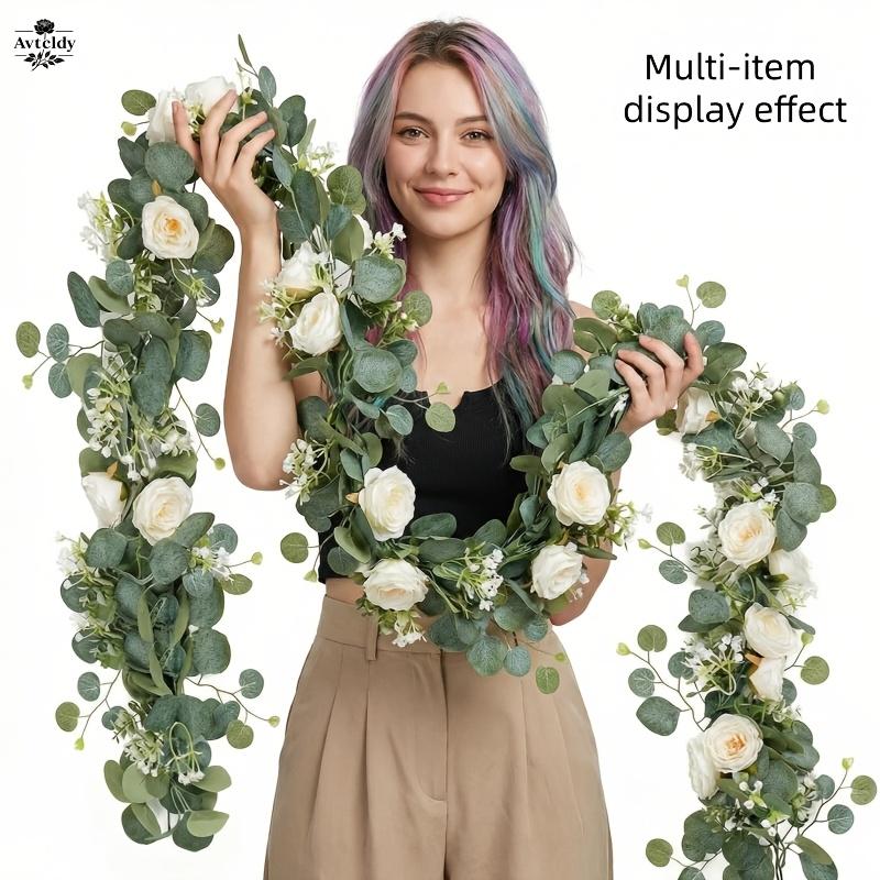 Artificial Eucalyptus Wreath with White Roses, Realistic Faux Flower Vine, Suitable for Wedding Arch Backdrops, Table Centerpieces