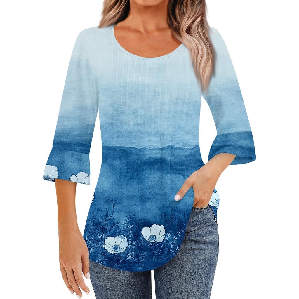 Женская модная повседневная плиссированная футболка с круглым вырезом и цветочным принтом, рукав три четверти