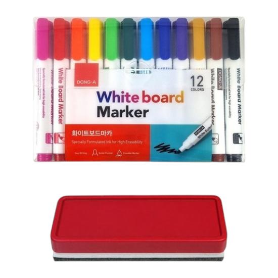 DONG-A Whiteboard Markers 12 Colors + Whiteboard Eraser | Korean Stationery Set