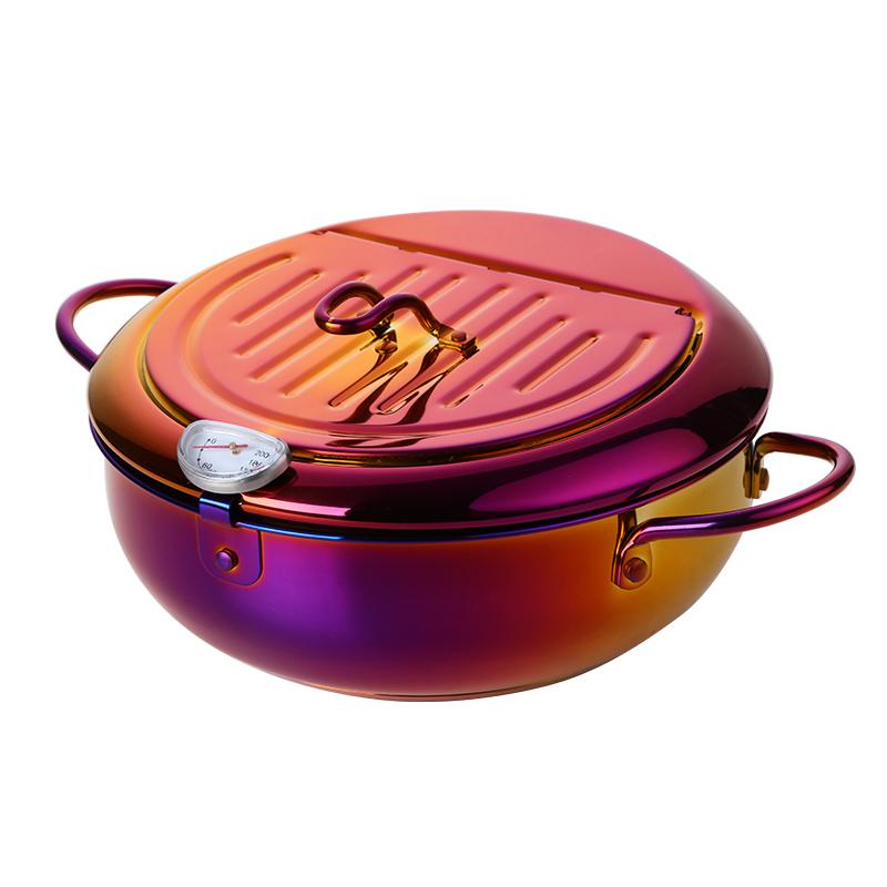 Фритюрница с термометром из нержавеющей стали, кухонная сковорода для темпуры и курицы, с корзиной и крышкой, сковорода для жарки картофеля фри с антипригарным покрытием