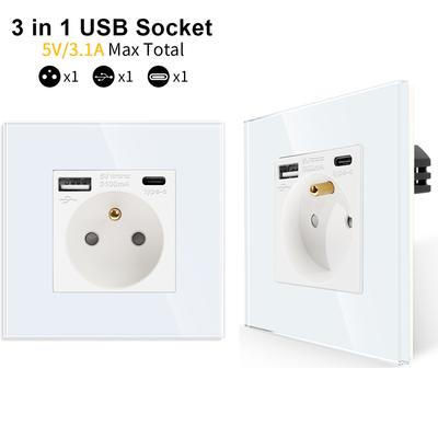 Французская розетка с USB для дома, двойная USB-вилка, 5 В, 3.1a, стеклянная панель, 86*86 мм, настенная USB-розетка, умные светодиодные розетки 16a с включением/выключением