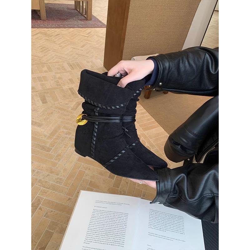 Retro Inner Height Increase Pointed Thin Medium Tube Knight Boots Women's 2025 New Lazy Wind Western Cowboy Pile Boots