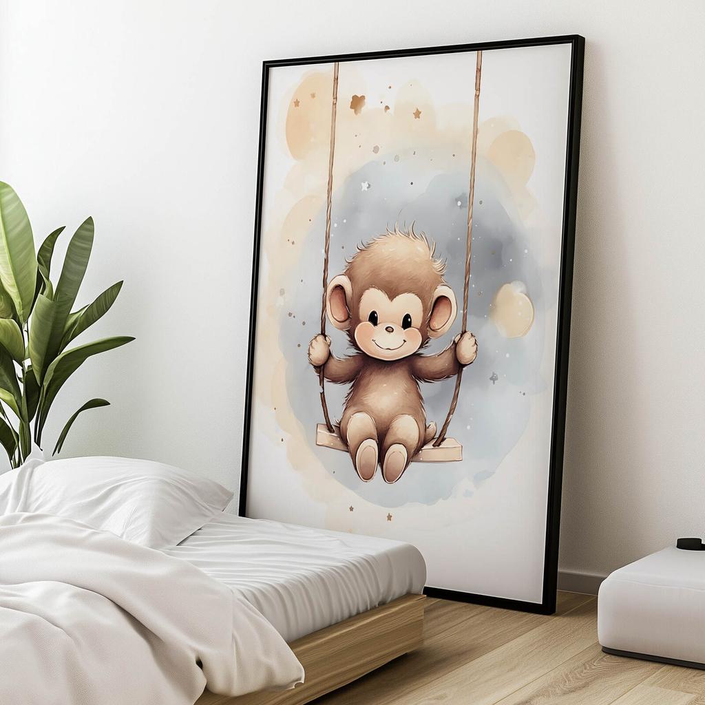 Małpka Na Huśtawce Małpka Na Huśtawce, 70X100 Cm, Rama Drewniana Ciemny Brąz, Papier Matowy 230 Gsm