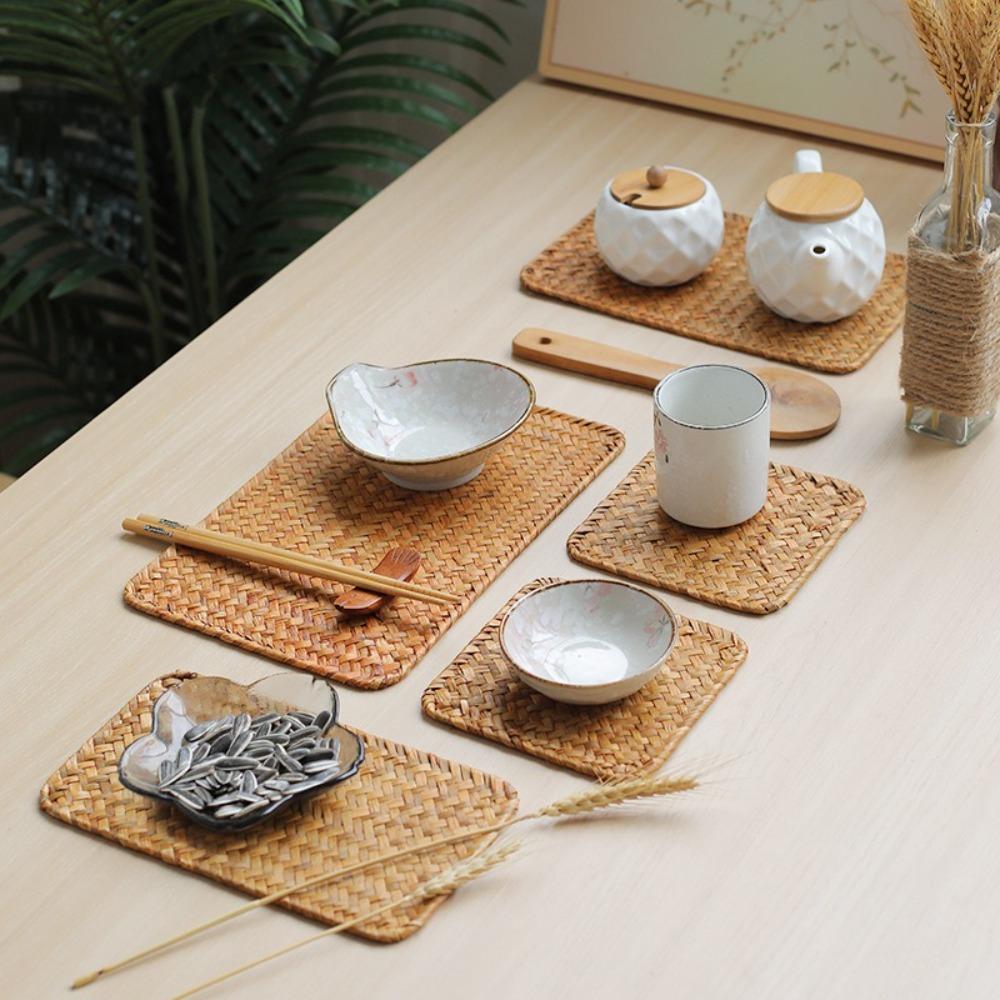 Natural Woven Rattan Indoor Placemats Rectangular Tablecloths Durable Table Mats  Kitchenware