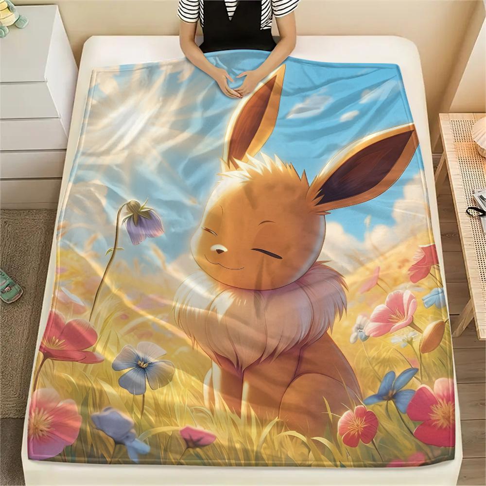 Cute Eevee Print Flannel Blanket, High quality Comfortable for All Seasons, Home Decor, Warmth and Comfort