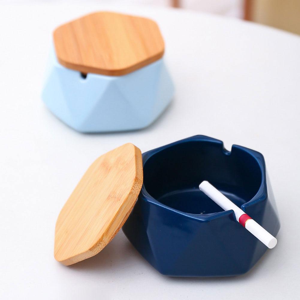 Modern Ceramics Ashtrays With Bamboo-Lid,Portable Ashtrays Tray,Home Decorative Desktop Ashtrays,Mini Trash Can,For Cigarettes