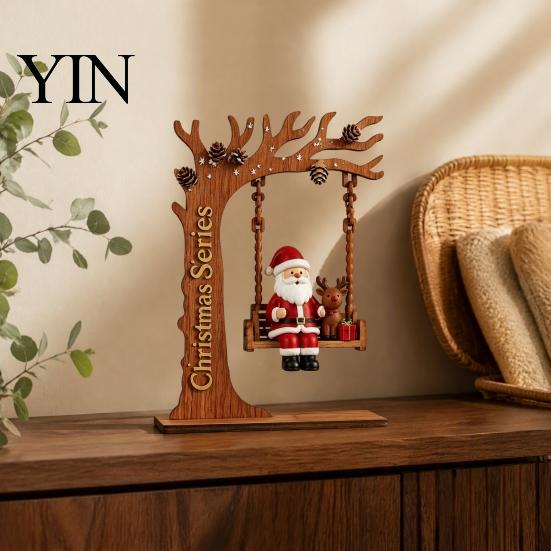 Rustic Christmas Home Accents Wooden Swing Ornament with Santa Claus/Bear for Christmas, Tabletop Artisanal Wood Decor Claus Figurine Living