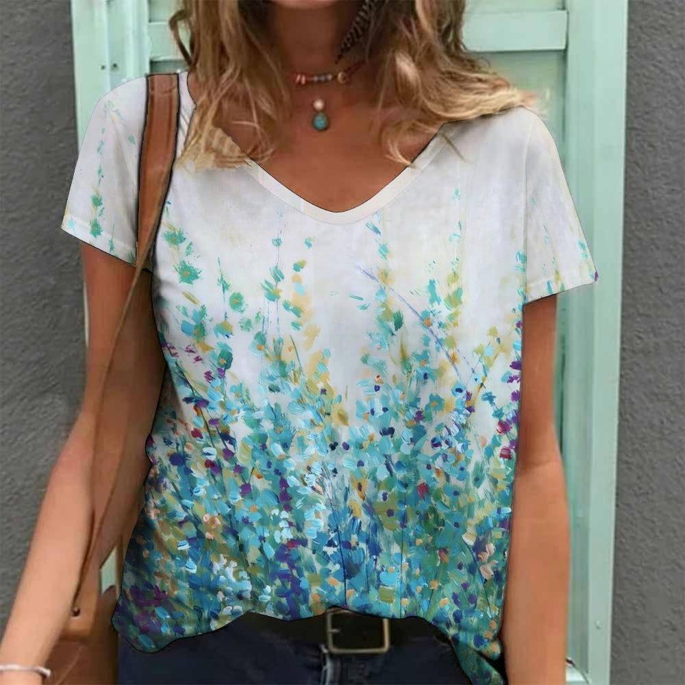 Bohemian-style Print Women's T-shirt Retro Ethnic Pattern V-neck Short
