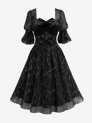 Rosegal готический бант со сверкающими пайетками и многослойными рюшами в горошек с пышными рукавами и трапециевидным платьем