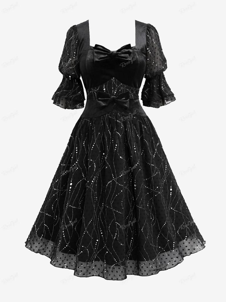 Rosegal готический бант со сверкающими пайетками и многослойными рюшами в горошек с пышными рукавами и трапециевидным платьем