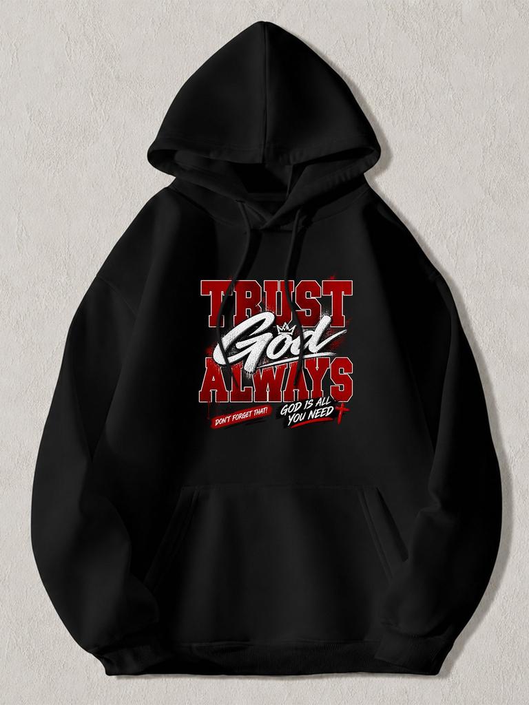 Black Pullover Hoodie with Trust God Always Red White Graphic Print Religious Christian Faith Sweatshirt with Front Pocket for Cas