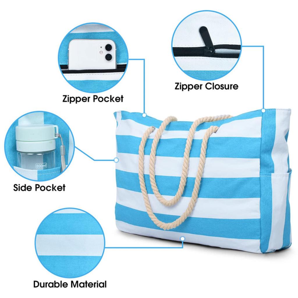 Women's Handbag Large Capacity Stripes Tote Pouch for Women Foldable Beach Bag Waterproof and Sand Resistant Travel Bag