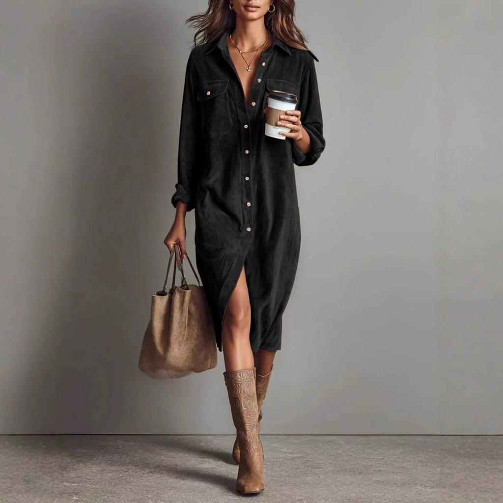 Женское модное повседневное однотонное вельветовое платье с рубашечным воротником, свободная длинная юбка