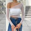 Solid Color Sparkly Hollow Mesh Slant Shoulder Irregular Collar Sexy Women Crop Top