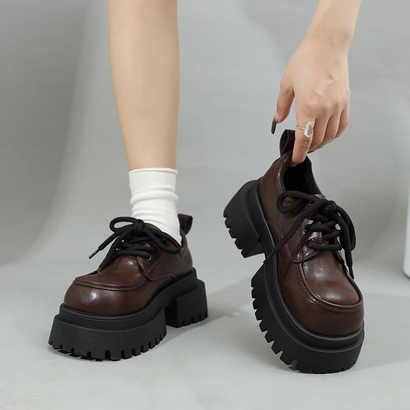 Retro British Style Platform Thick Heel with Skirt Single Shoes Women's Fashion Versatile Lace-up Small Leather Shoes Women's Autumn and Winter New