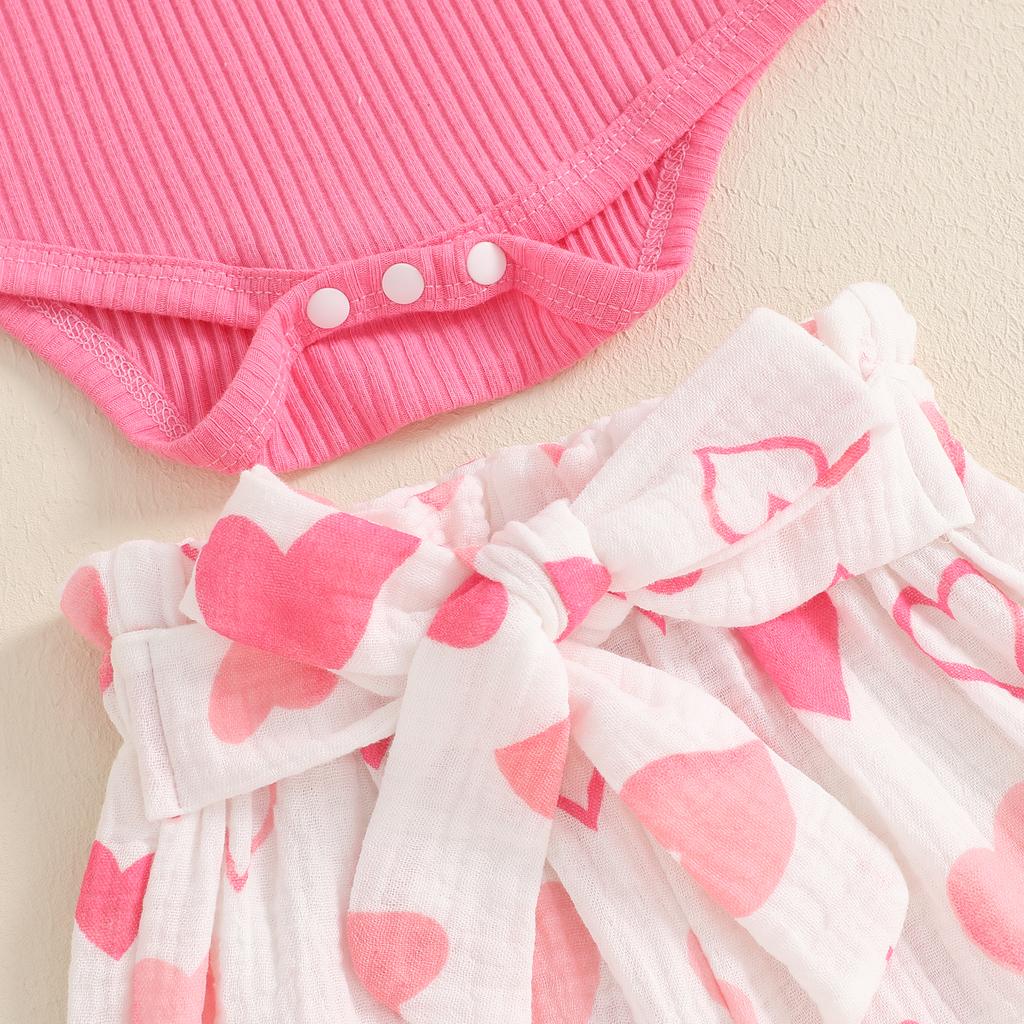Baby Girls Valentine's Day Pants Sets Long Sleeve O Neck Romper Heart Print Pants Headband Sets